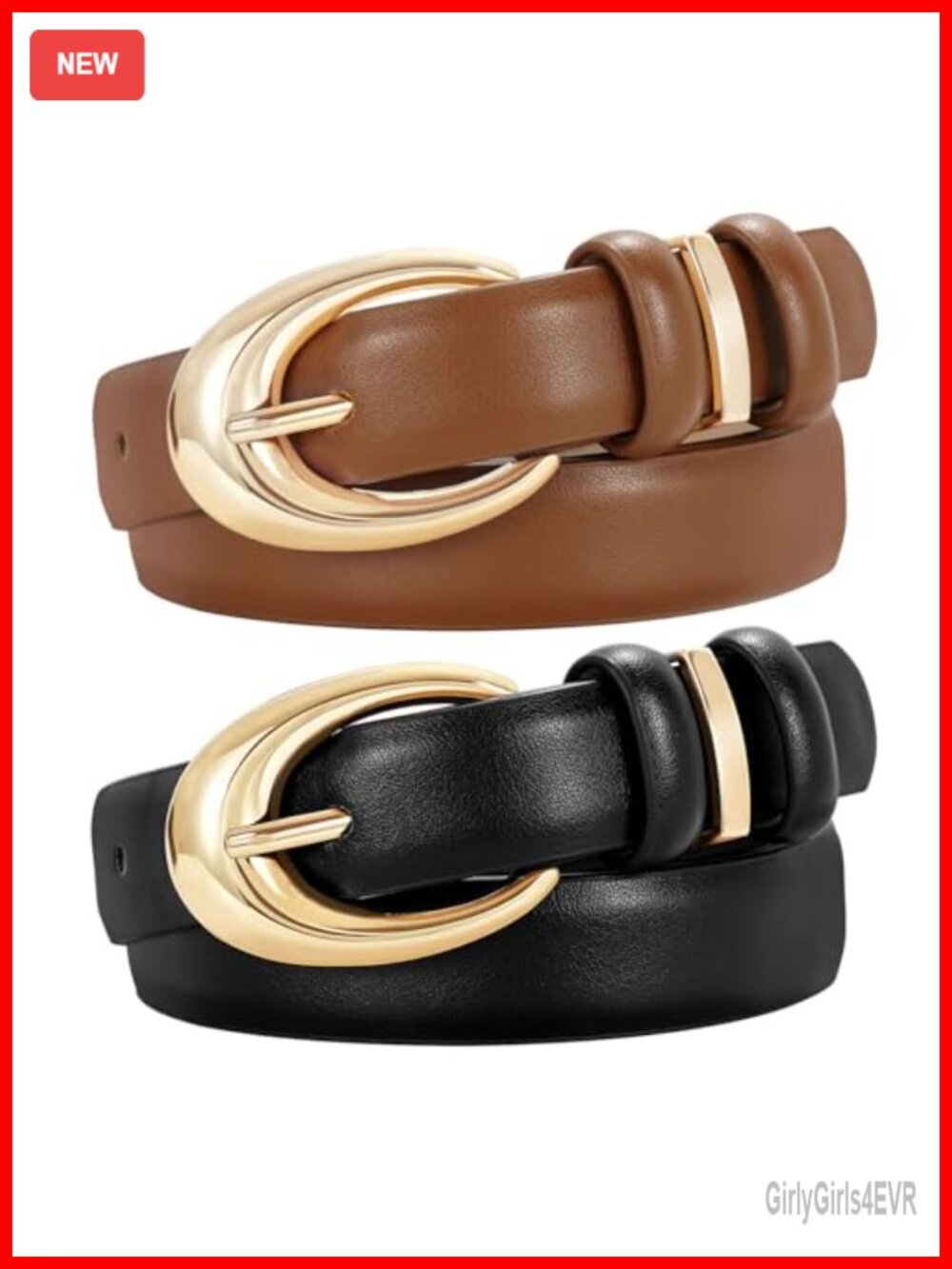 2 Pack Women Faux Leather Belt with Gold Buckle, Skinny Dress Belt for Jeans